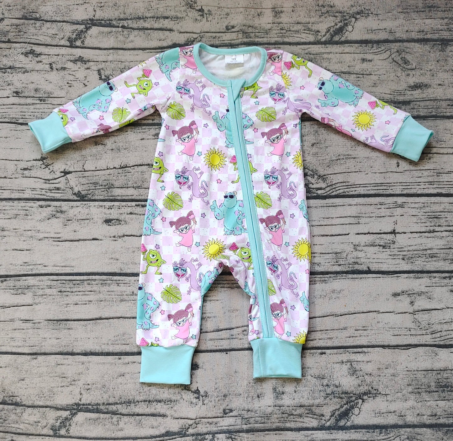 Baby Infant Girls Monster Blue Checkered Zip Bamboo Rompers