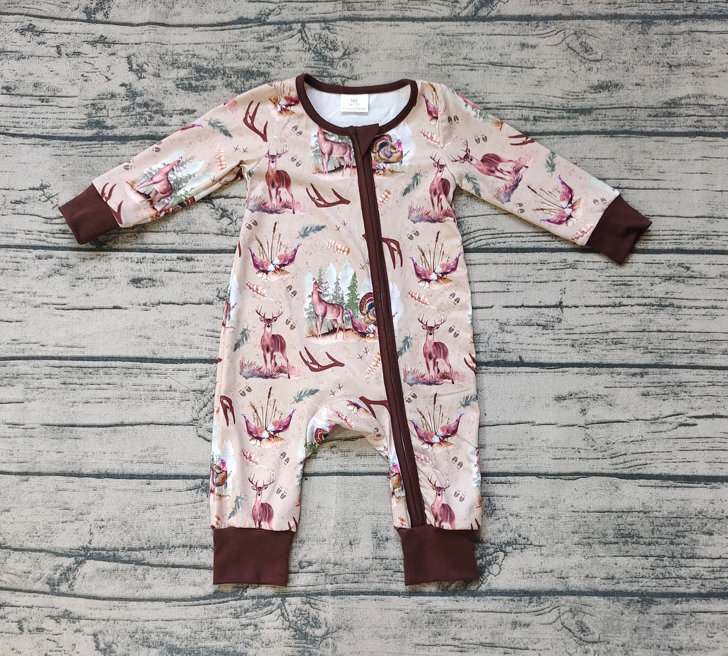 Baby Infant Boys Fall Deers Hunting Turkey Bamboo Zip Rompers