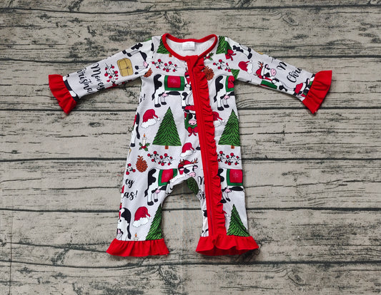 Baby Infant Girls Christmas Cows Ruffle Zipper Footie Rompers