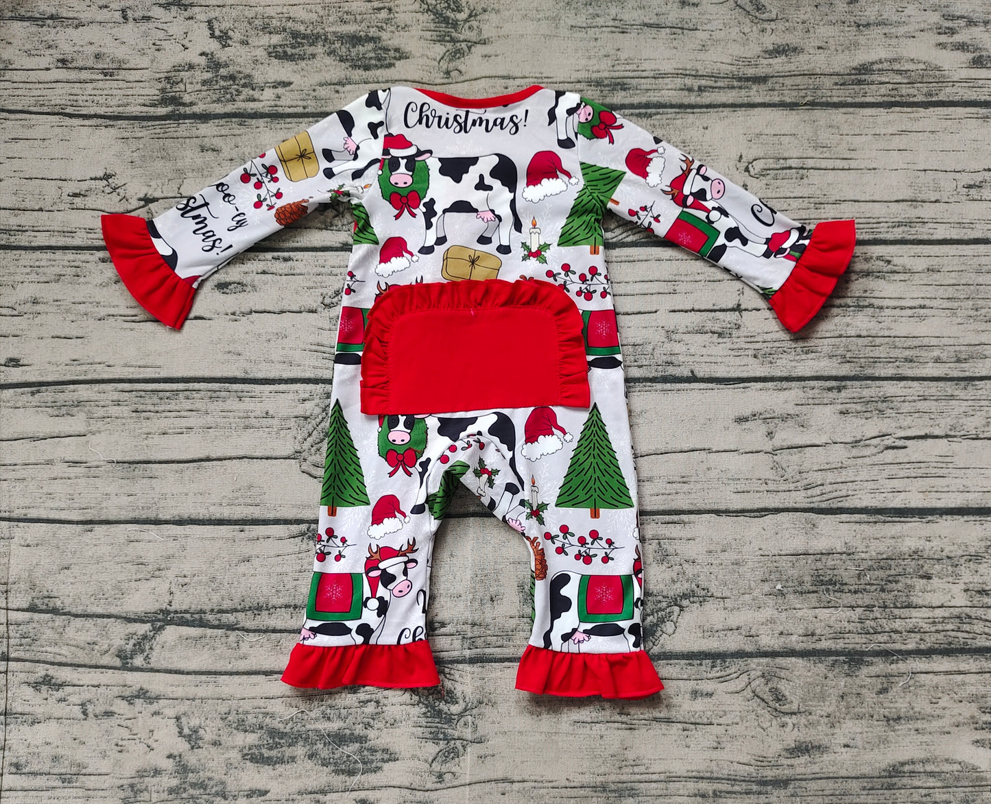Baby Infant Girls Christmas Cows Ruffle Zipper Footie Rompers