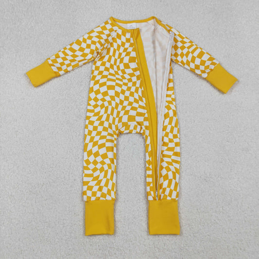 Baby Infant Boys Yellow Checkered Zip Footie Long Sleeve Rompers