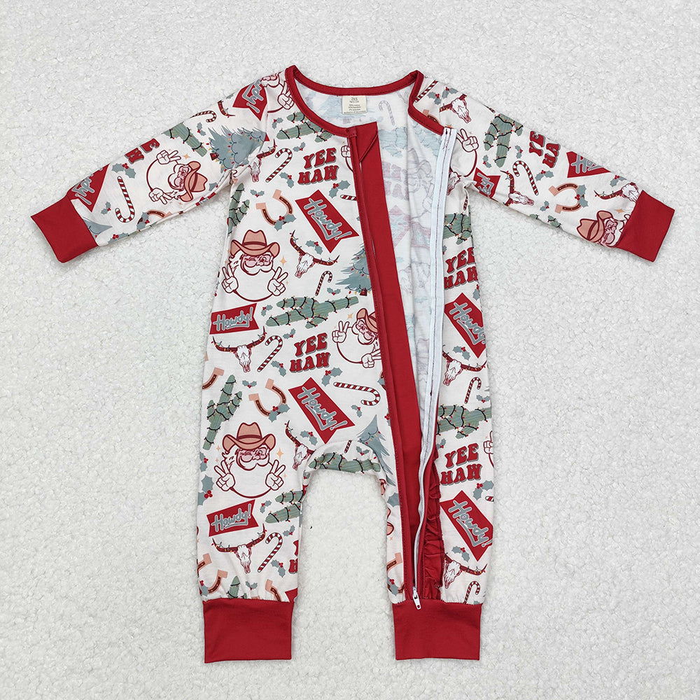 Sibling Boys Girls Christmas Western Santa Cactus Bamboo Rompers Pajamas