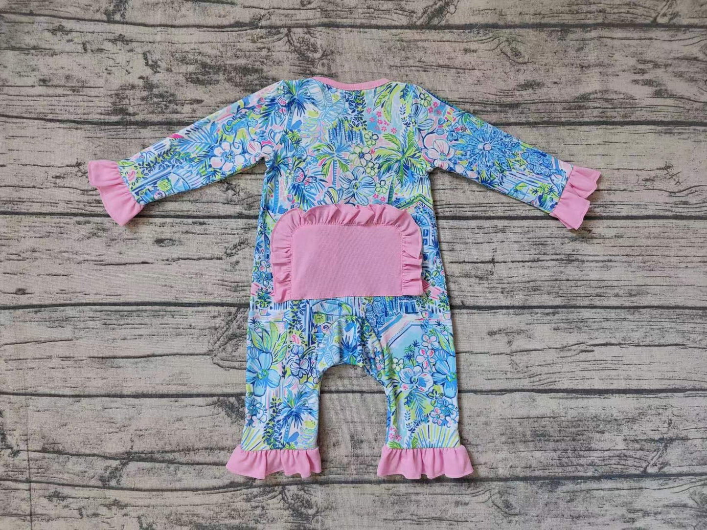 Baby Infant Girls Blue House Flowers Long Sleeve Rompers