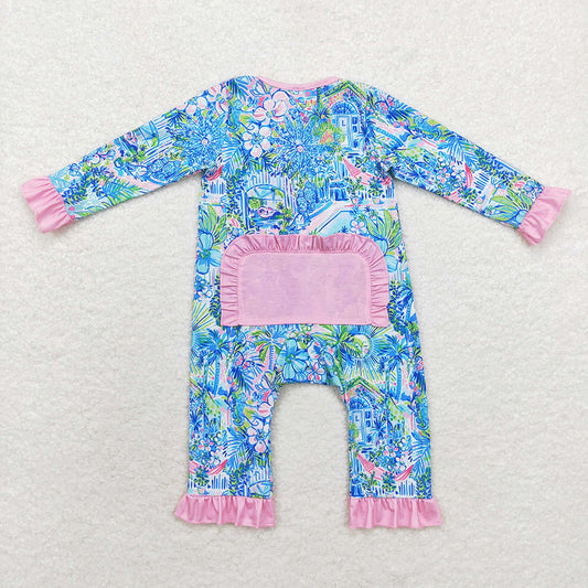 Baby Infant Girls Blue House Flowers Long Sleeve Rompers