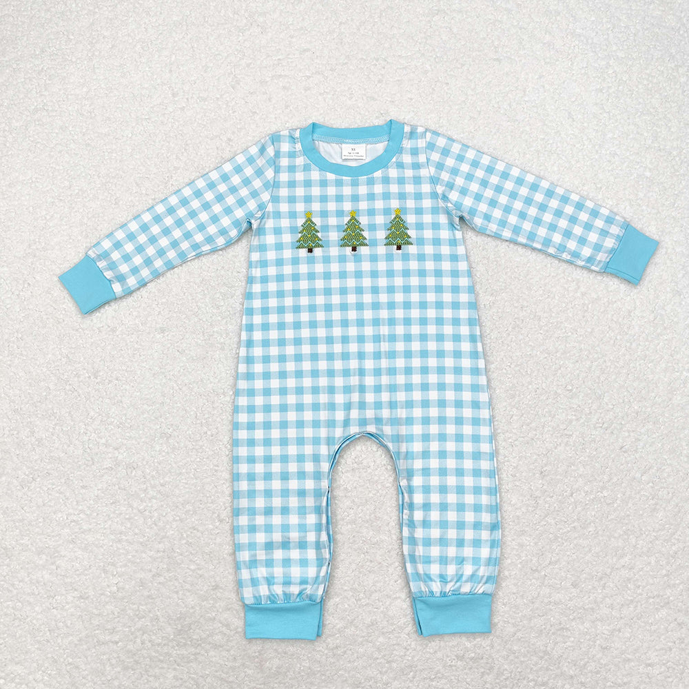 Baby Infant Boys Christmas Tree Blue Checkered Rompers