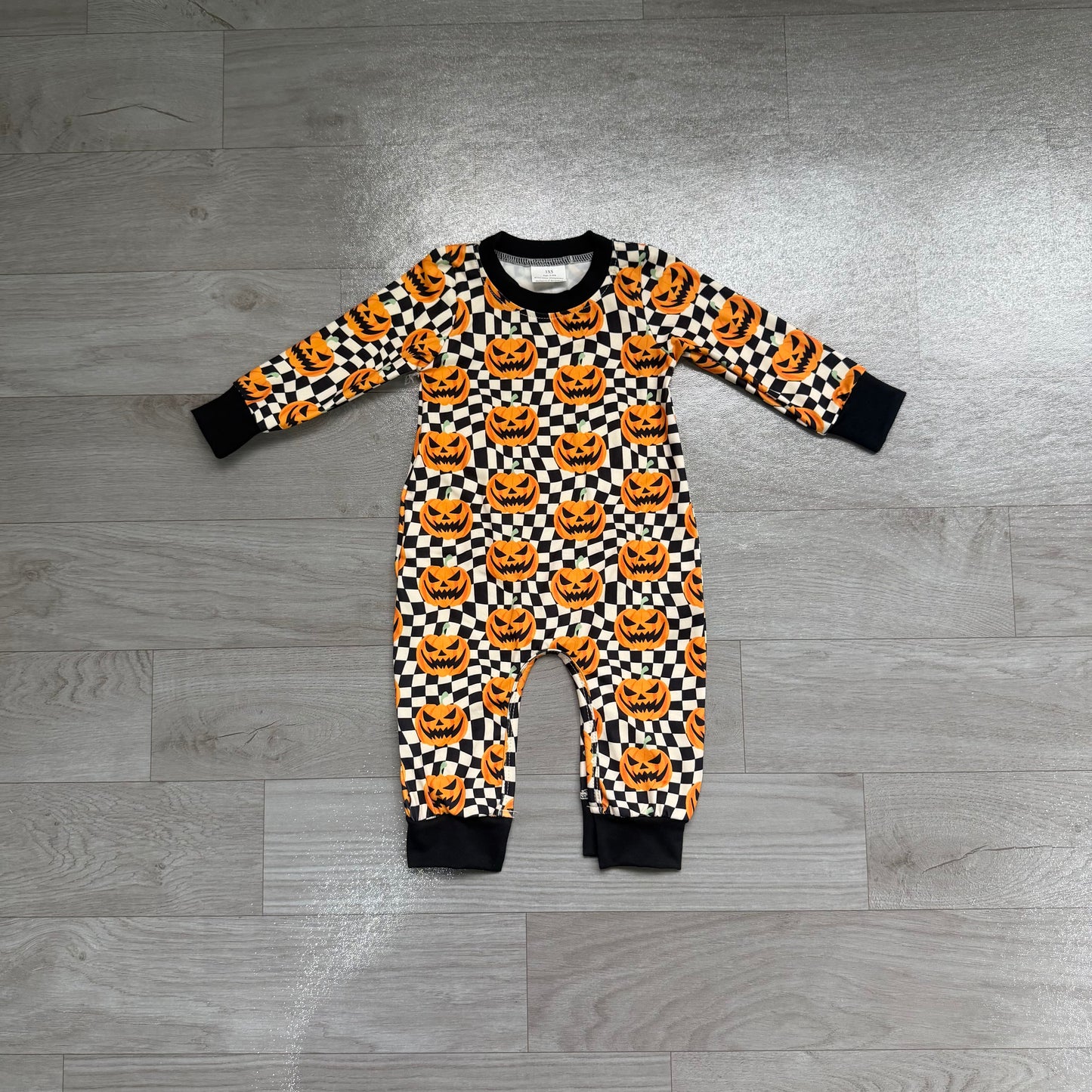 Baby Boys Ghost Pumpkins Black Checkered Halloween Pant Rompers