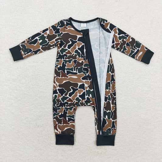 Baby Infant Boys Brown Camo Fall Zip Rompers