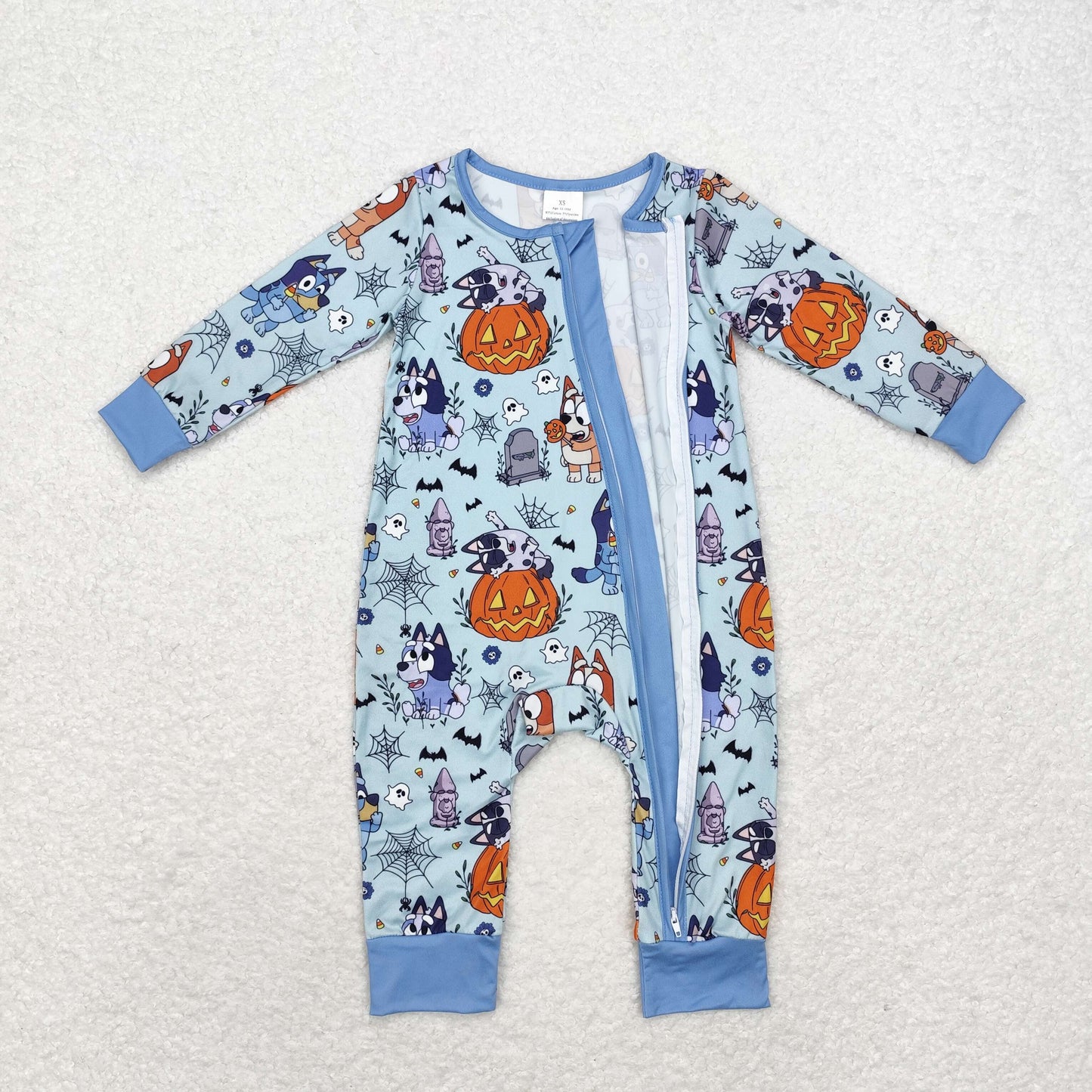 Sibling Baby Boys Blue Dogs Ghost Pumpkins Top Pant Halloween Pajamas Set Zip Rompers