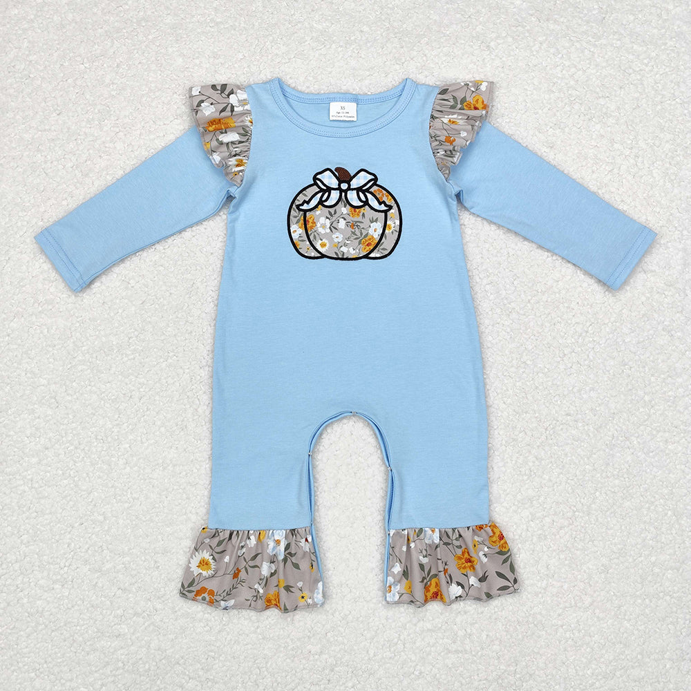 Baby Infant Girls Blue Floral Pumpkin Bow Rompers