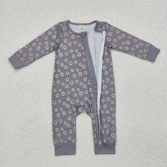 Baby Infant Girls Grey Bamboo Sunflowers Zip Rompers