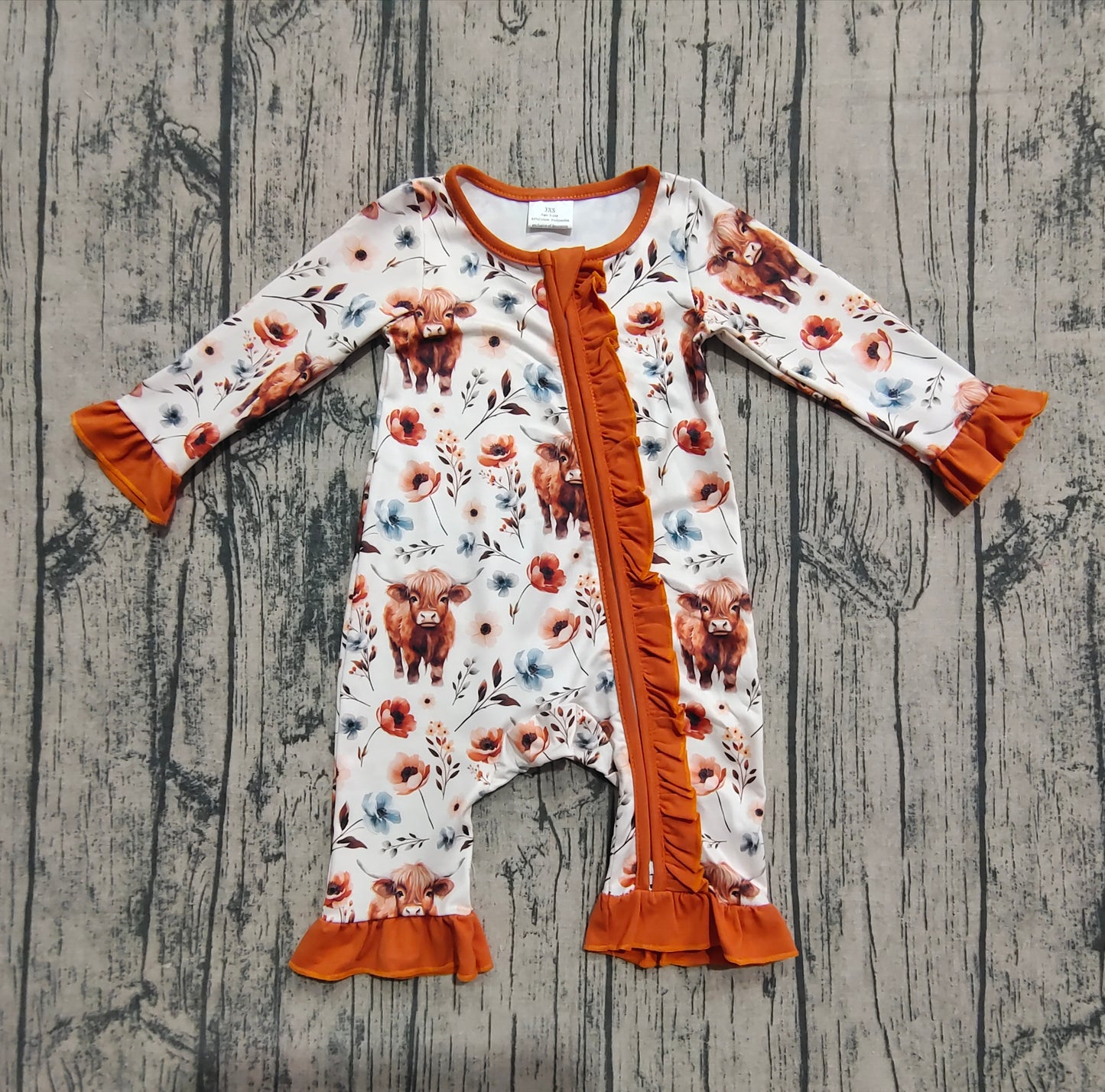 Baby Infant Girls Western Highland Cow Flowers Zip Rompers
