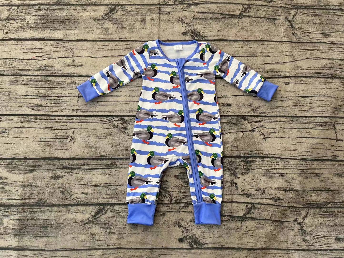Baby Infant Boys Fall Stripes Ducks Bamboo Zip Rompers
