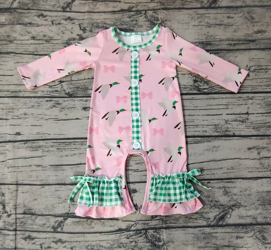 Baby Infant Girls Pink Mallard Ducks Buttons Bows Rompers