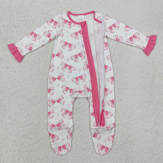 Baby Infant Girls Pink Bows Ruffle Zip Rompers