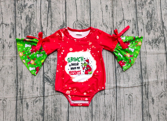 Baby Girls Christmas Grin Bell Sleeve Ruffle Rompers