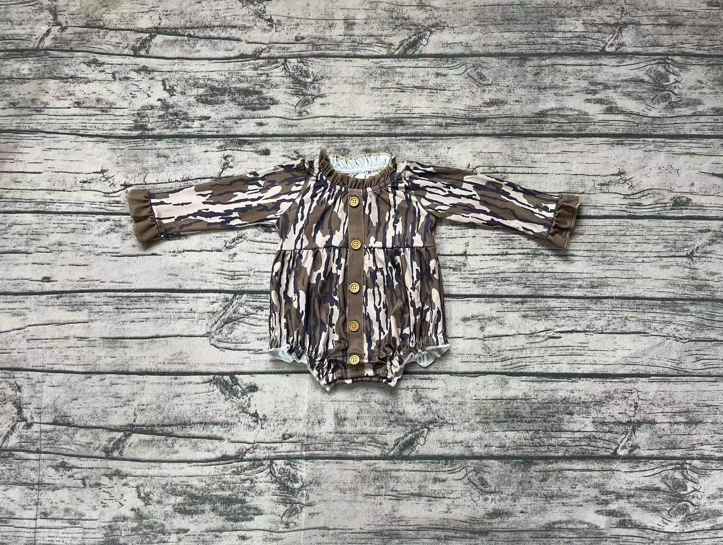 Baby Girls Long Ruffle Sleeve Southern Wood Camo Buttons Rompers