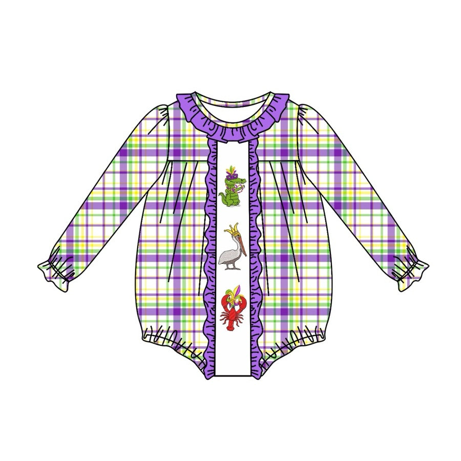 Baby Infant Girls Mardi Gras Checkered Crawfish Long Sleeve Rompers preorder