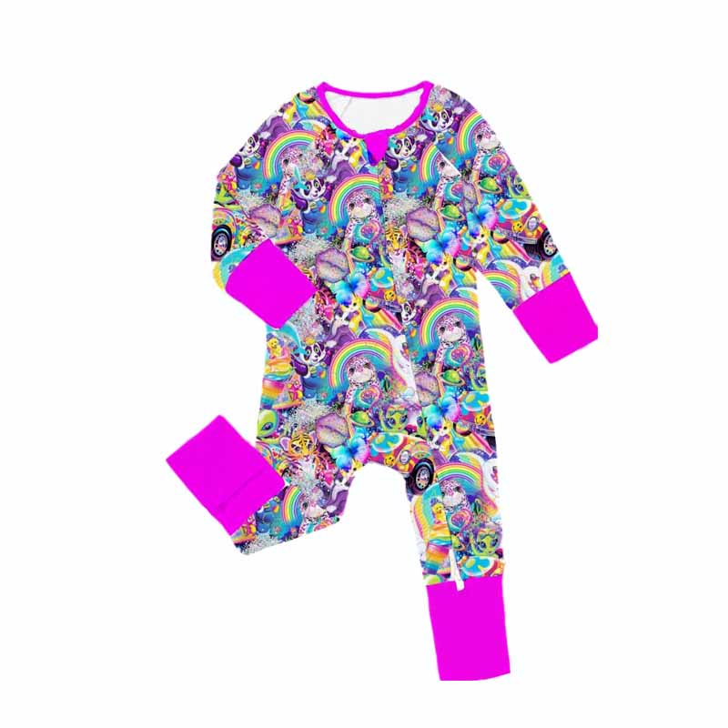 Preorder moq 5 Baby Infant Girls Rainbow Tiger Cats Zip Long Sleeve Rompers