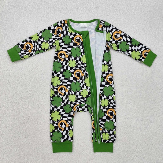 Baby Infant Boys St Patrick Day Quatrefoil Zip Rompers