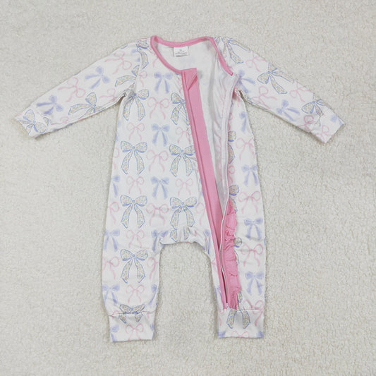 Baby Infant Girls Pink Ruffles Blue Bows Zip Rompers