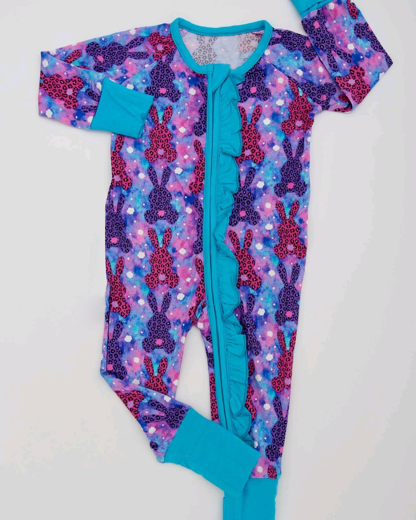 Baby Infant Girls Colorful Easter Leopard Bunny Zip Rompers preorder