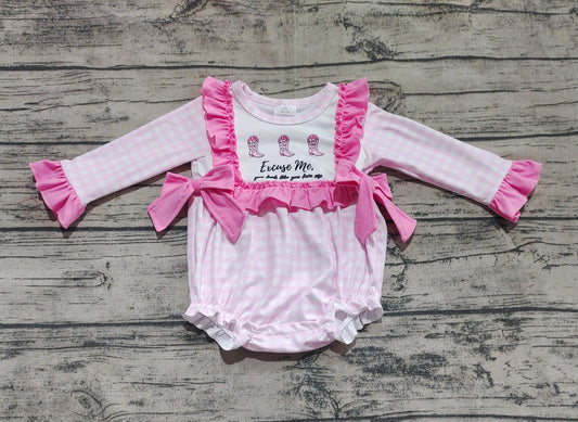 Baby Infant Girls Pink Plaid Boots Bows Rompers