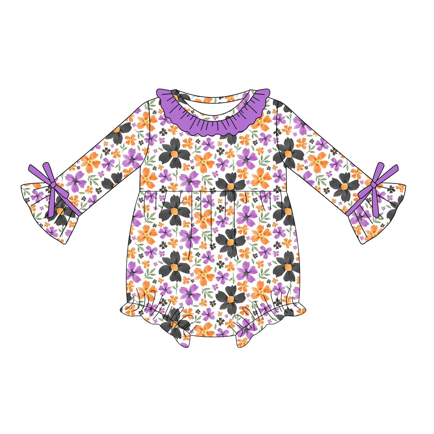 Baby Girls Long Ruffle Sleeves Lavender Flowers Ruffle Rompers Preorder