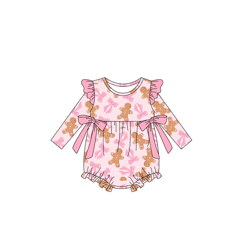 Preorder moq 5 Baby Girls Pink Long Sleeves Gingerbread Bows Ruffle Rompers