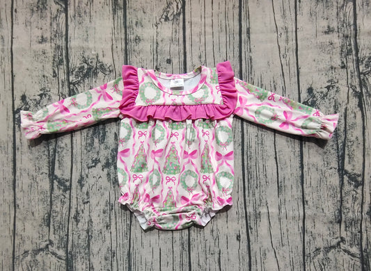 Baby Girls Long Ruffle Sleeves Trees Bows Ruffle Rompers