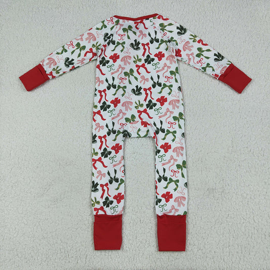 Baby Girls Christmas Red Green Bows Zipper Footie Rompers