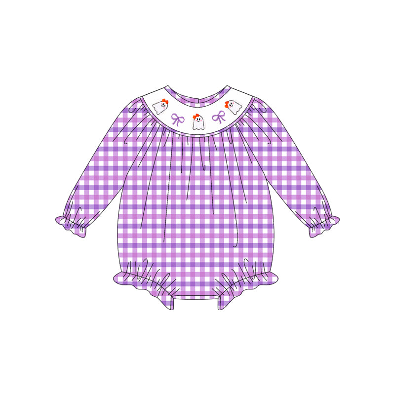 Baby Girls Long Sleeves Purple Plaid Smocked Bows Ghosts Ruffle Rompers Preorder
