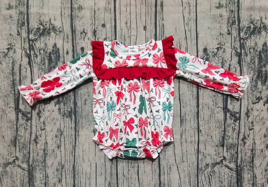 Baby Girls Christmas Red Green Bows Ruffle Rompers