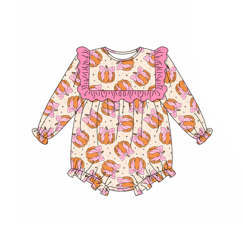 Baby Girls Long Sleeves Pink Bows Pumpkins Ruffle Rompers Preorder