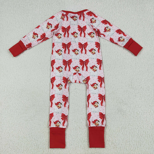 Baby Girls Christmas Red Santa Bows Footie Zipper Rompers
