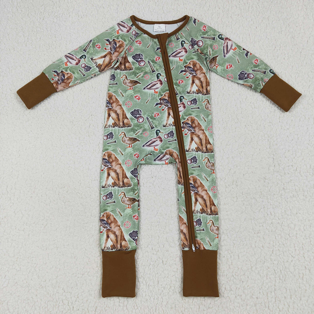 Sibling Baby Boys Green Dogs Ducks Hunting Rompers Pajamas Sets