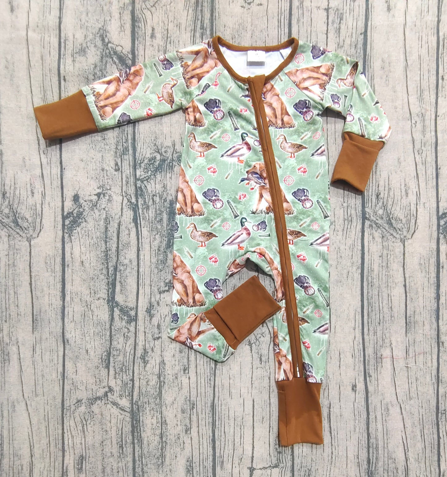 Baby Boys Green Dog Ducks Hunting Zipper Footie Rompers
