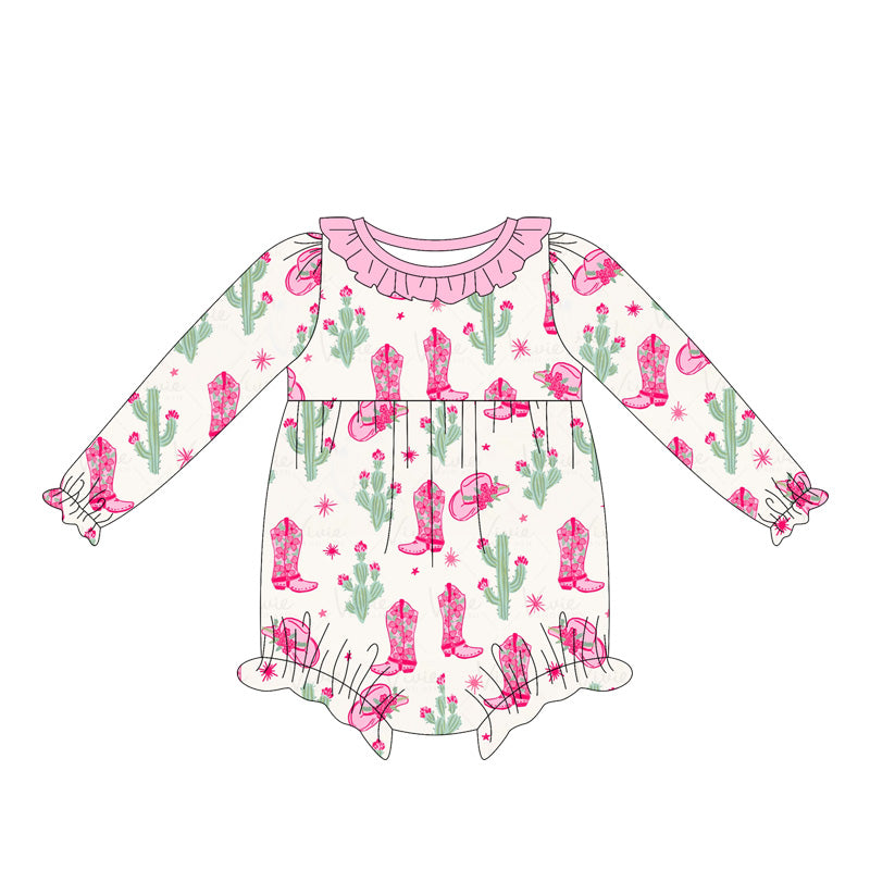 Baby Girls Long Sleeves Pink Boots Cactus Ruffle Rompers Preorder
