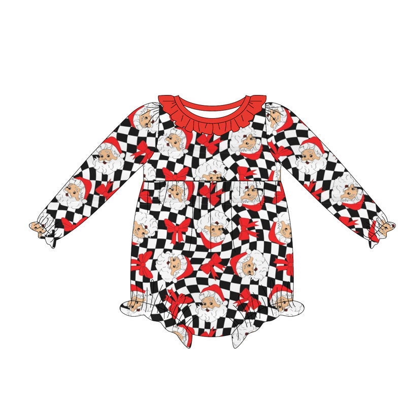 Baby Girls Long Sleeves Black Plaid Bows Santa Ruffle Rompers Preorder