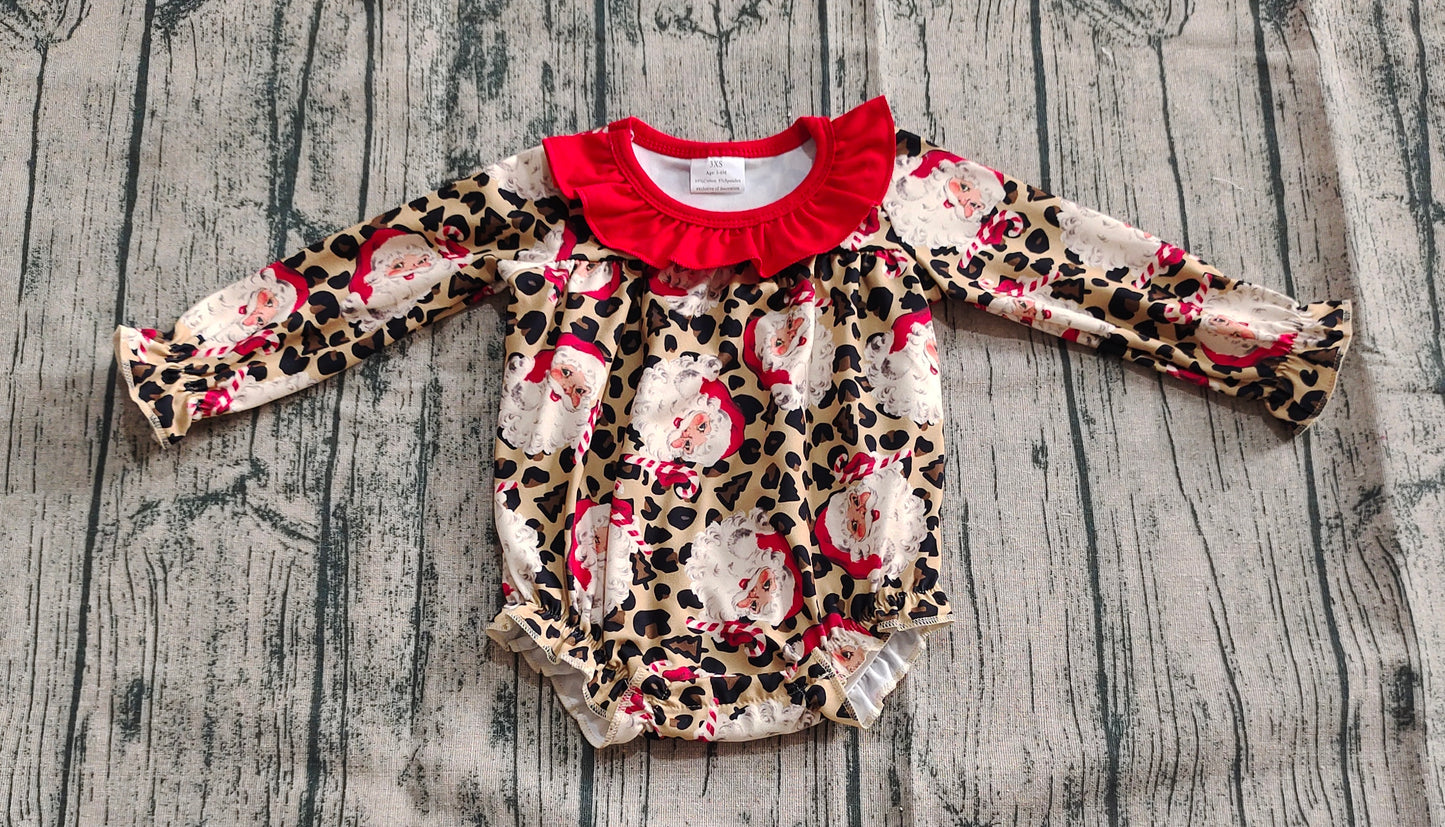 Baby Girls Christmas Leopard Santa Ruffle Rompers