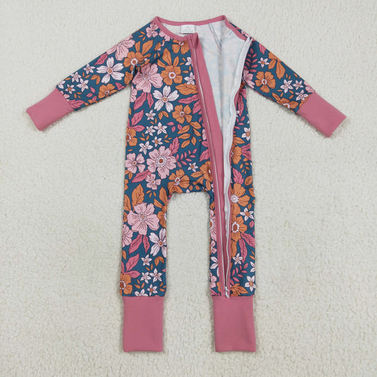 Baby Girls Flowers Zipper Footie Rompers