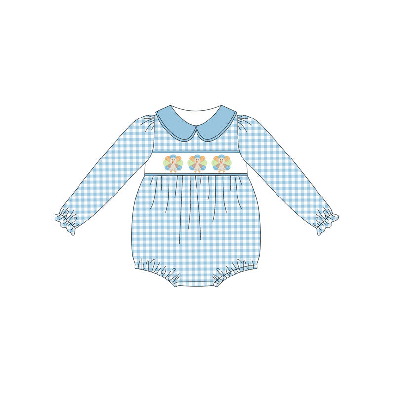 Baby Girls Blue Plaid Long Sleeves Turkey Ruffle Rompers Preorder