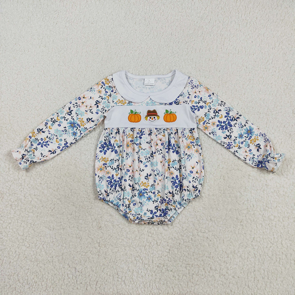 Embroidery Pumpkins Scarecrow Baby Girls Floral Ruffle Rompers