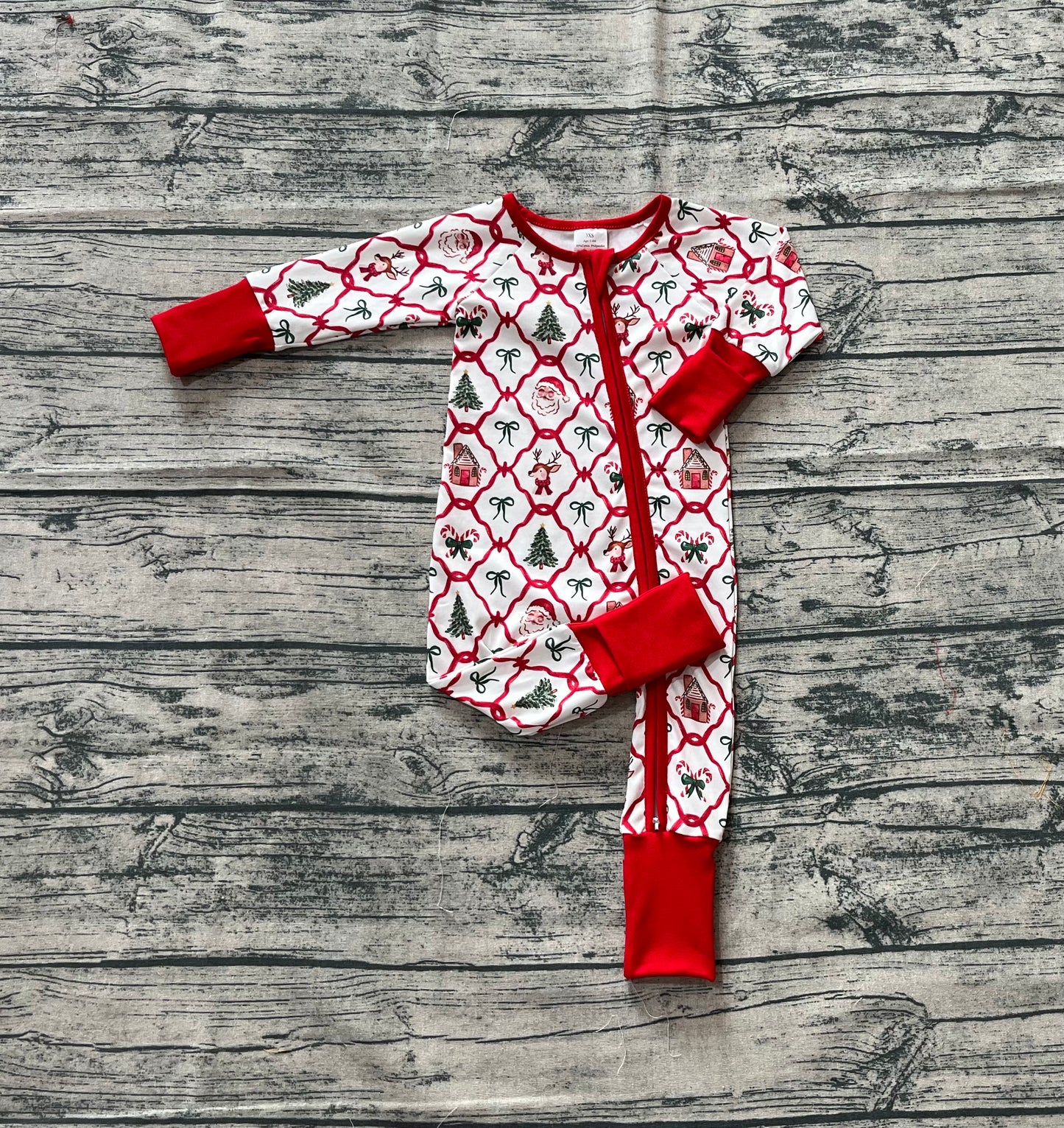 Baby Kids Footie Red Bows Plaid Trees Gingerbread Zipper Rompers