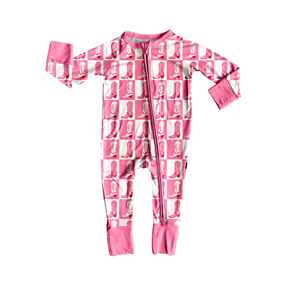 Baby Girls Long Sleeves Light Pink Boots Plaid Zipper Rompers Preorder