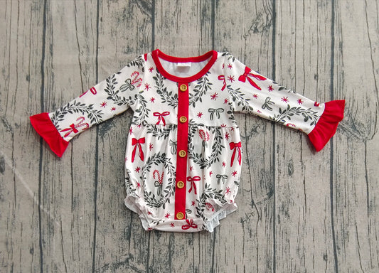 Baby Girls Christmas Red Green Bows Button Ruffle Rompers