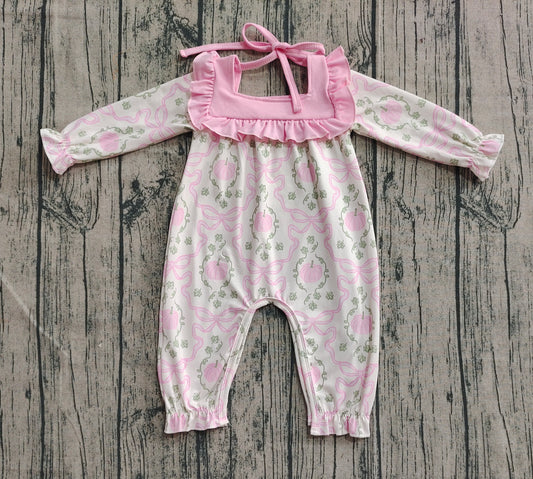 Baby Girls Long Ruffle Sleeves Pink Pumpkins Bows Plaid Pant Rompers