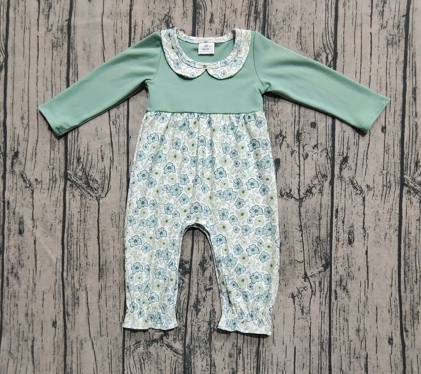 Baby Girls Green Long Sleeves Floral Ruffle Pant Rompers