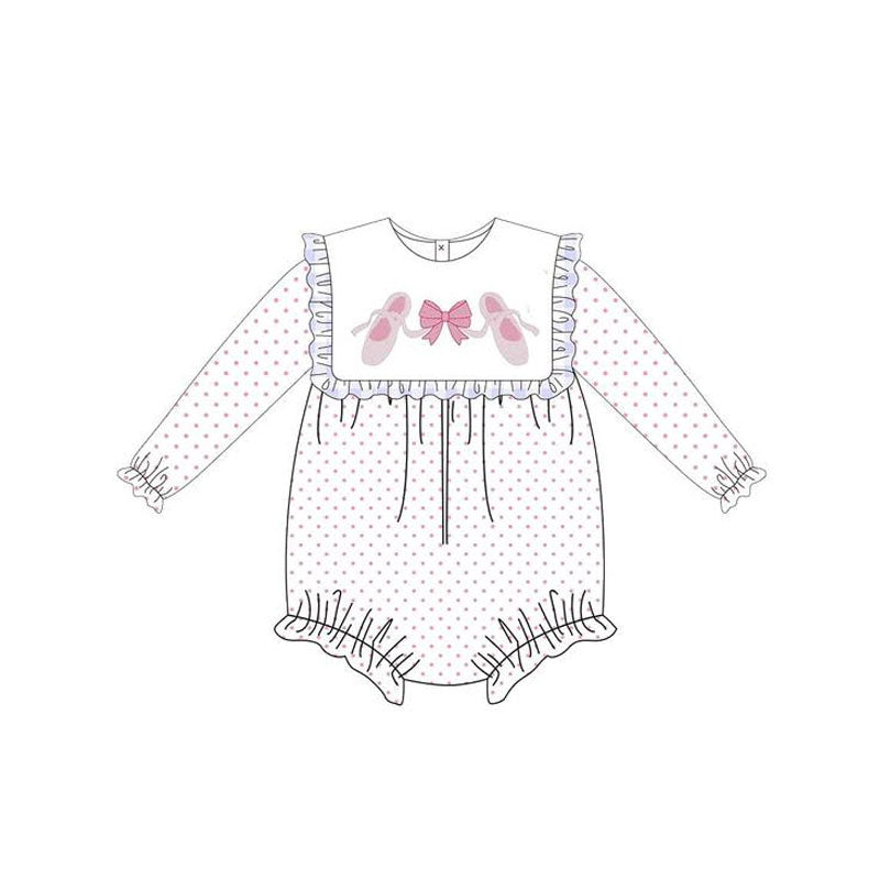 Preorder moq 5 Baby Girls Long Sleeves Pink Bow Shoes Polka Dots Ruffle Rompers