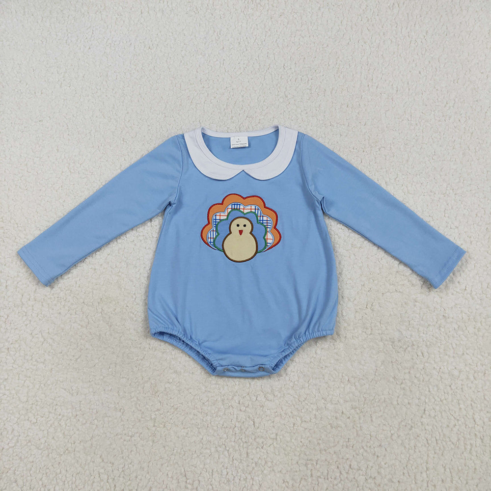 Embroidery Baby Boys Blue Long Sleeves Turkey Bummies Rompers