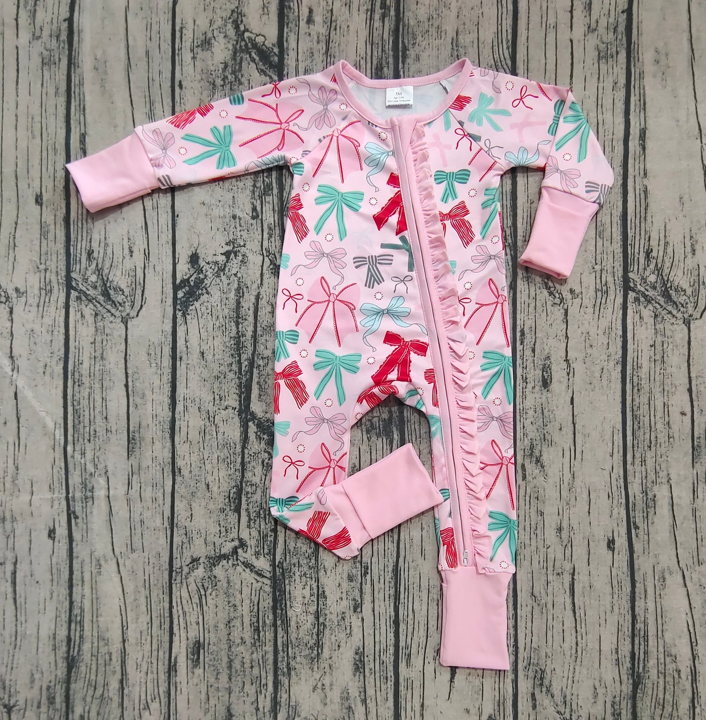 Baby Girls Pink Long Sleeves Colorful Bows Zipper Rompers